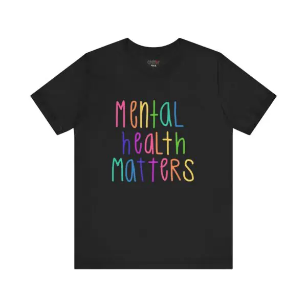 Black T-shirt with "Mental Health Matters" text.