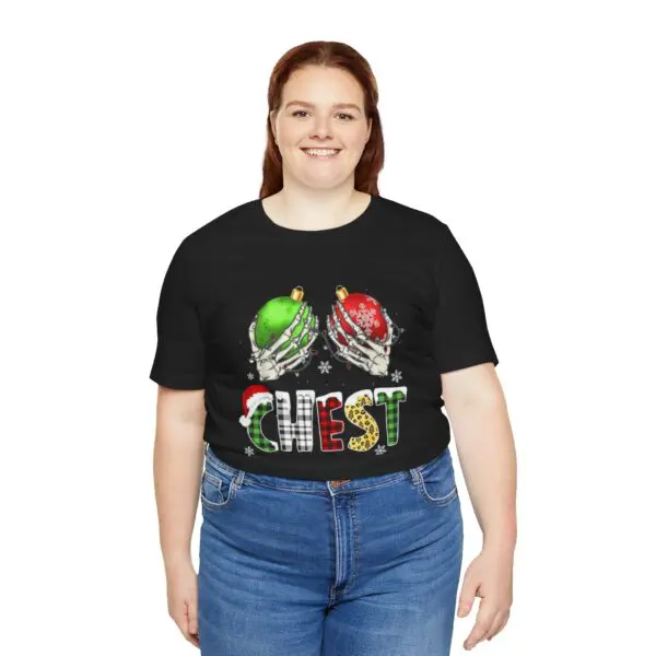 Woman wearing festive holiday-themed t-shirt.