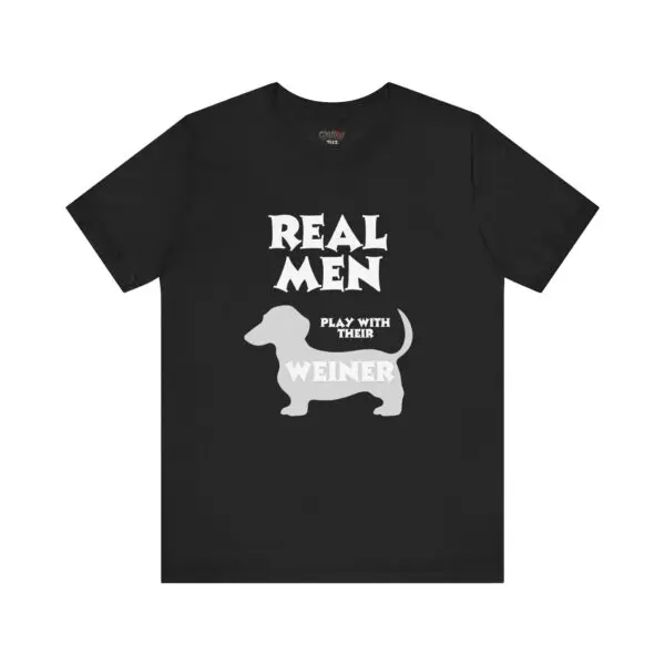 Black t-shirt with humorous dachshund graphic.