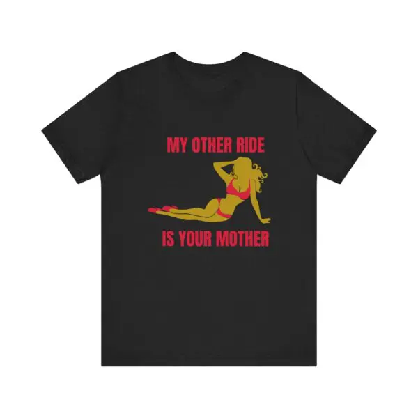 Black shirt with humorous text and illustration.