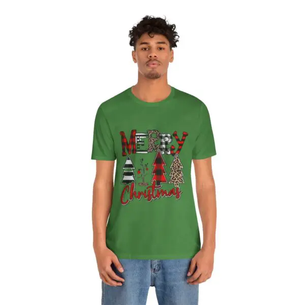 Man wearing green Merry Christmas shirt.