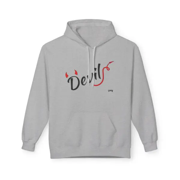 Gray hoodie with "Devil" and red horns.