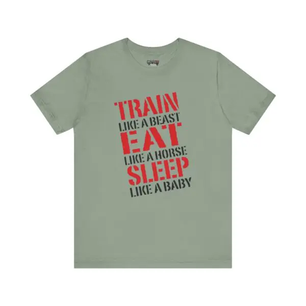 Green T-shirt with motivational text design.