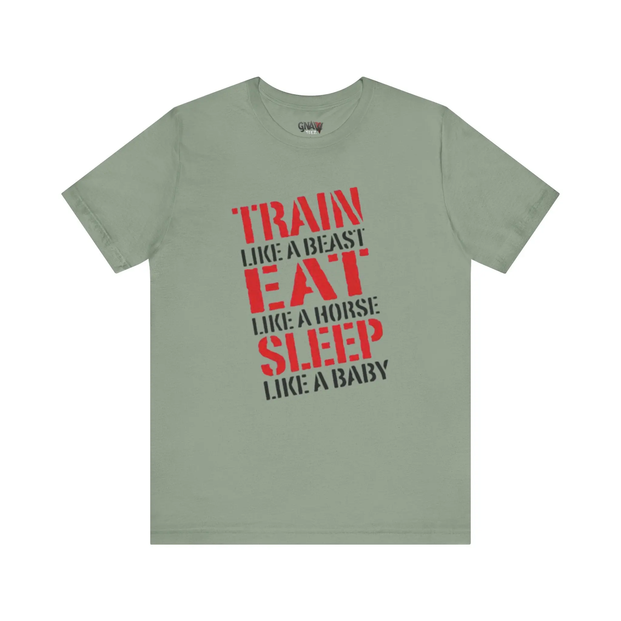 Green T-shirt with motivational text design.