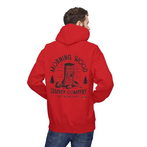 Man wearing red lumber-themed hoodie.