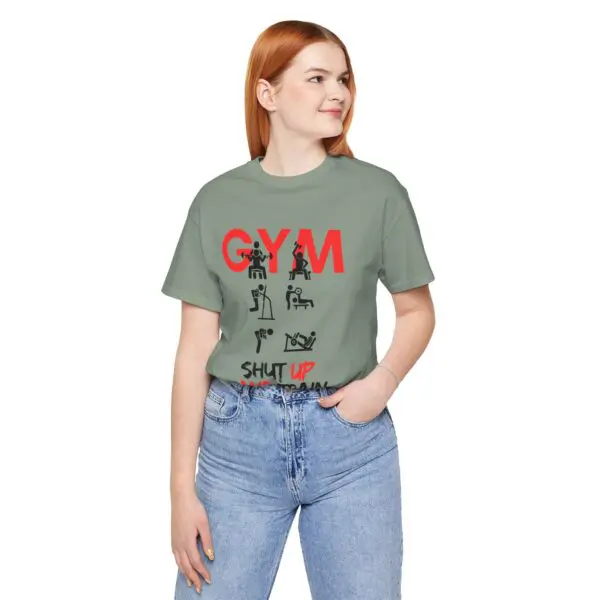 Woman wearing gym-themed graphic t-shirt.