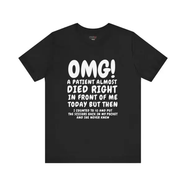 Black shirt with humorous medical text.