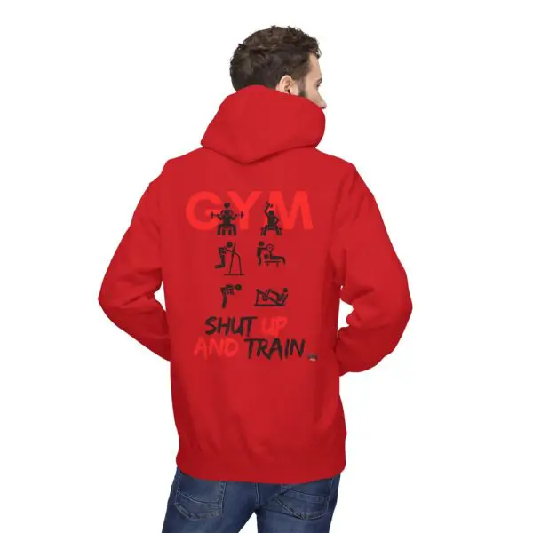 Man wearing red gym-themed hoodie, back view.