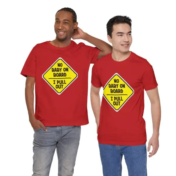 Two men wearing humorous red shirts.