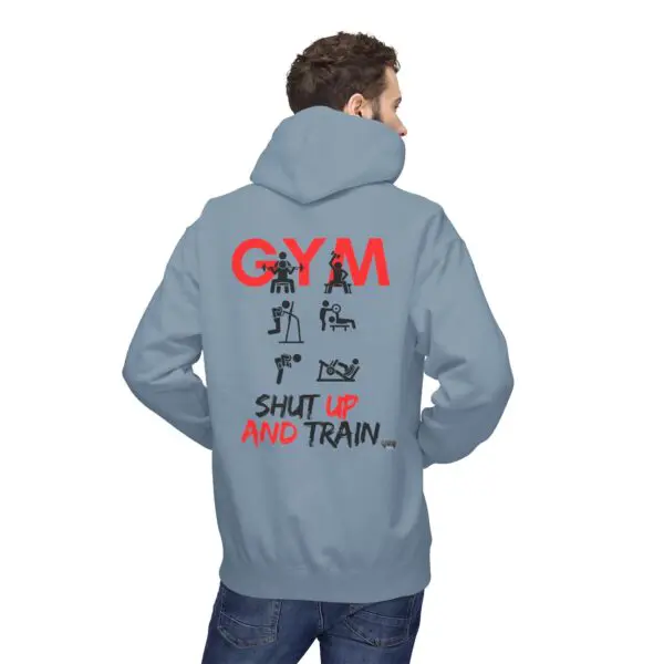 Man wearing hoodie with gym-themed design.