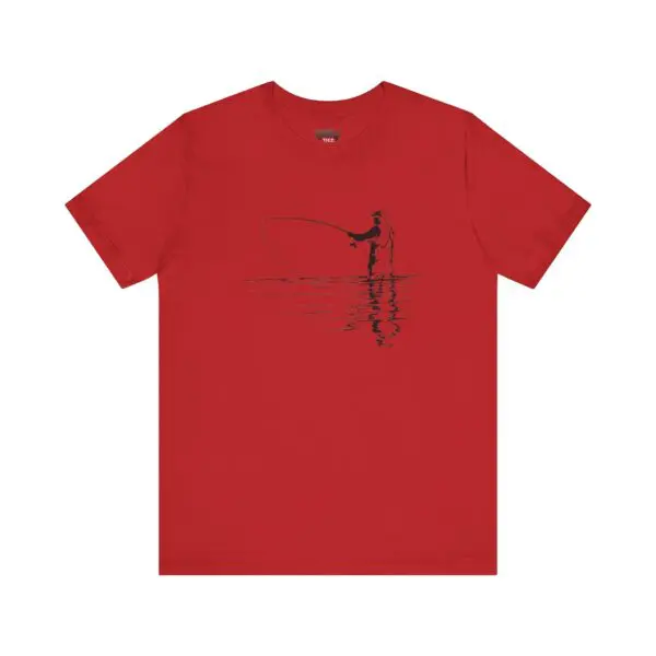 Red t-shirt with fishing line illustration.
