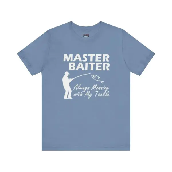Blue T-shirt with fishing-themed graphic text.