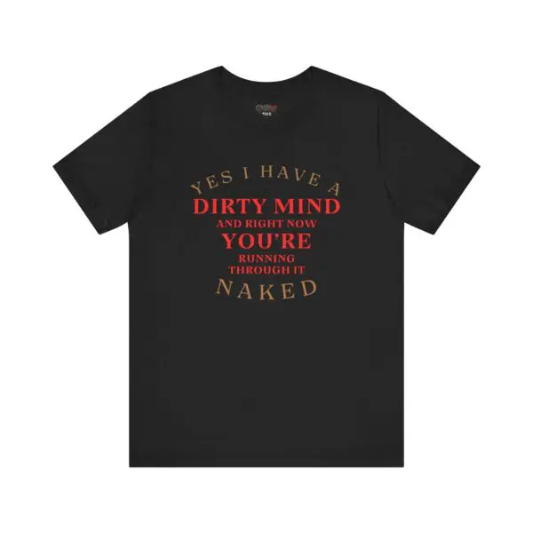 Black t-shirt with humorous printed text.