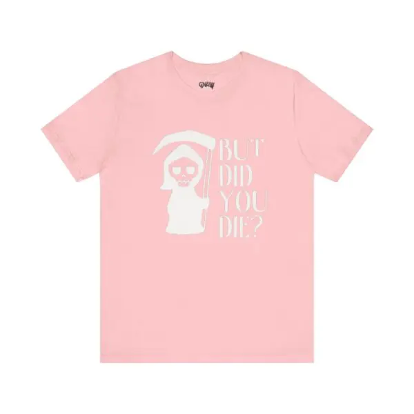 Pink t-shirt with humorous skeleton design.