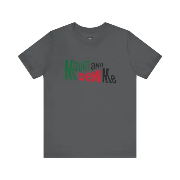Gray T-shirt with colorful text design.