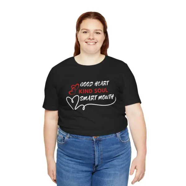 Woman wearing a "Good Heart" t-shirt.