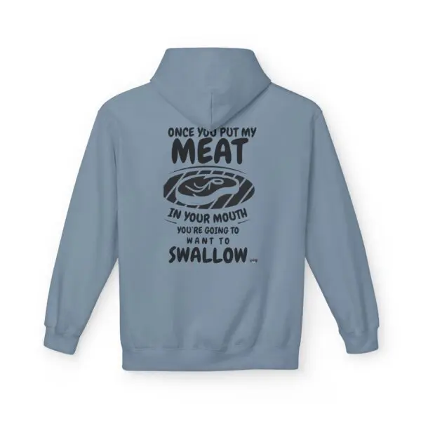 Blue hoodie with humorous meat-themed text.