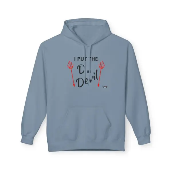 Blue hoodie with playful devil-themed text.