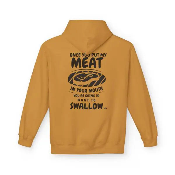 Brown hoodie with humorous meat-themed text.