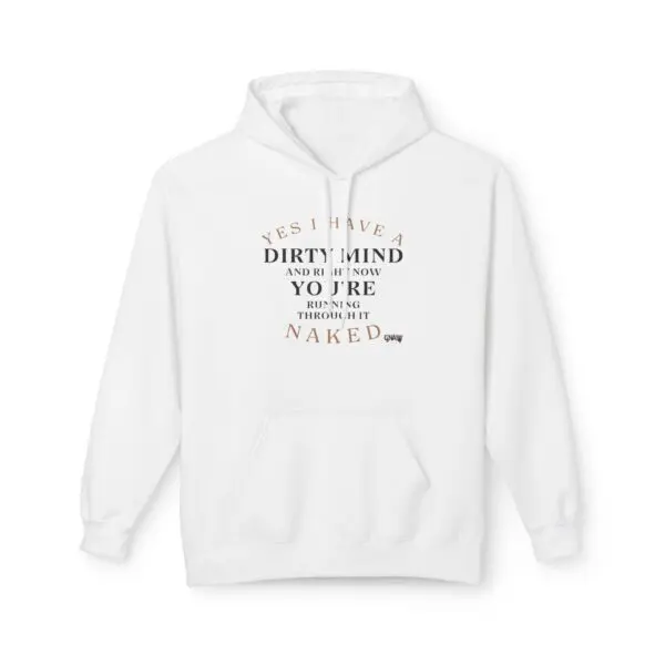 White hoodie with humorous printed text.