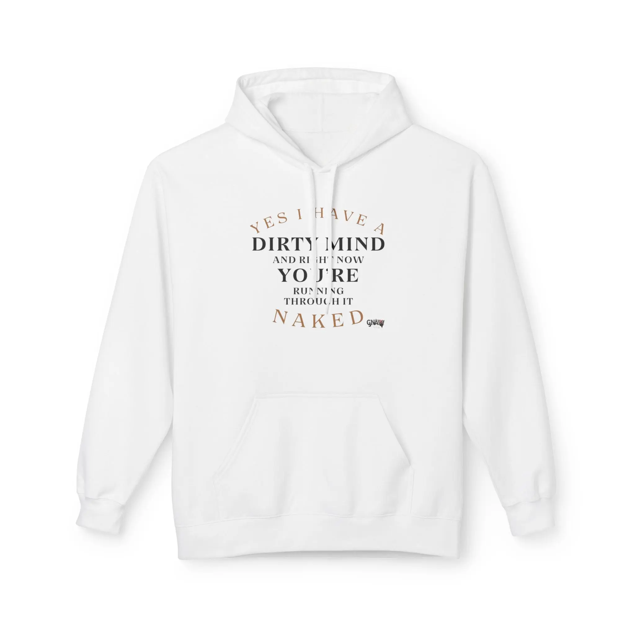 White hoodie with humorous printed text.