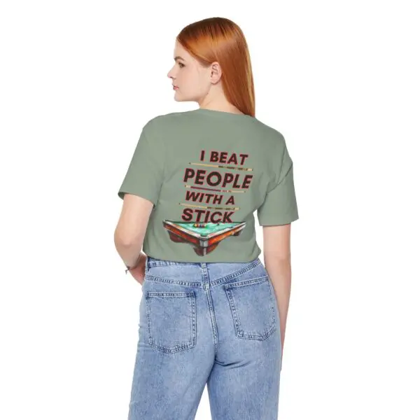 Woman wearing shirt with humorous text.