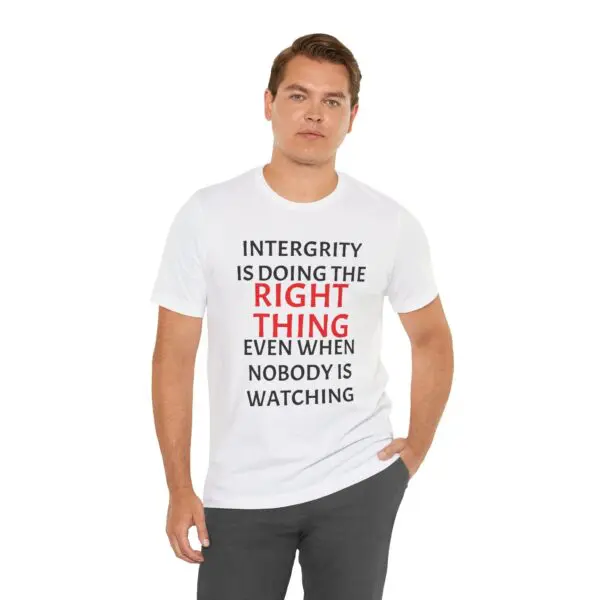 Man wearing a shirt with integrity quote.