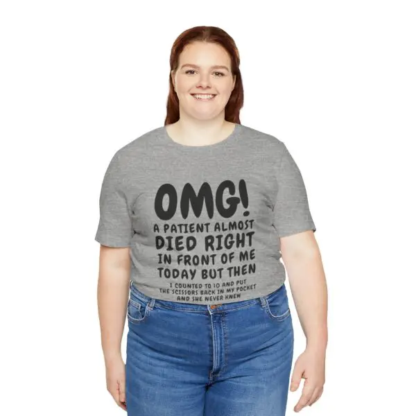 Woman wearing a humorous printed t-shirt.