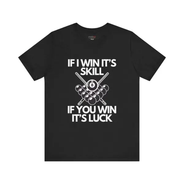 Black T-shirt with billiards-themed text design.