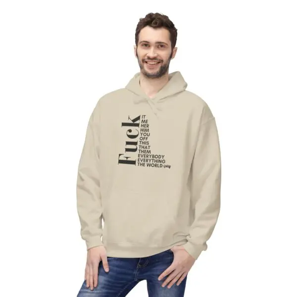 Man wearing hoodie with bold text design.
