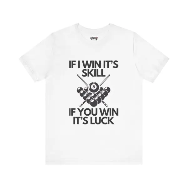 White T-shirt with billiards-themed text design.
