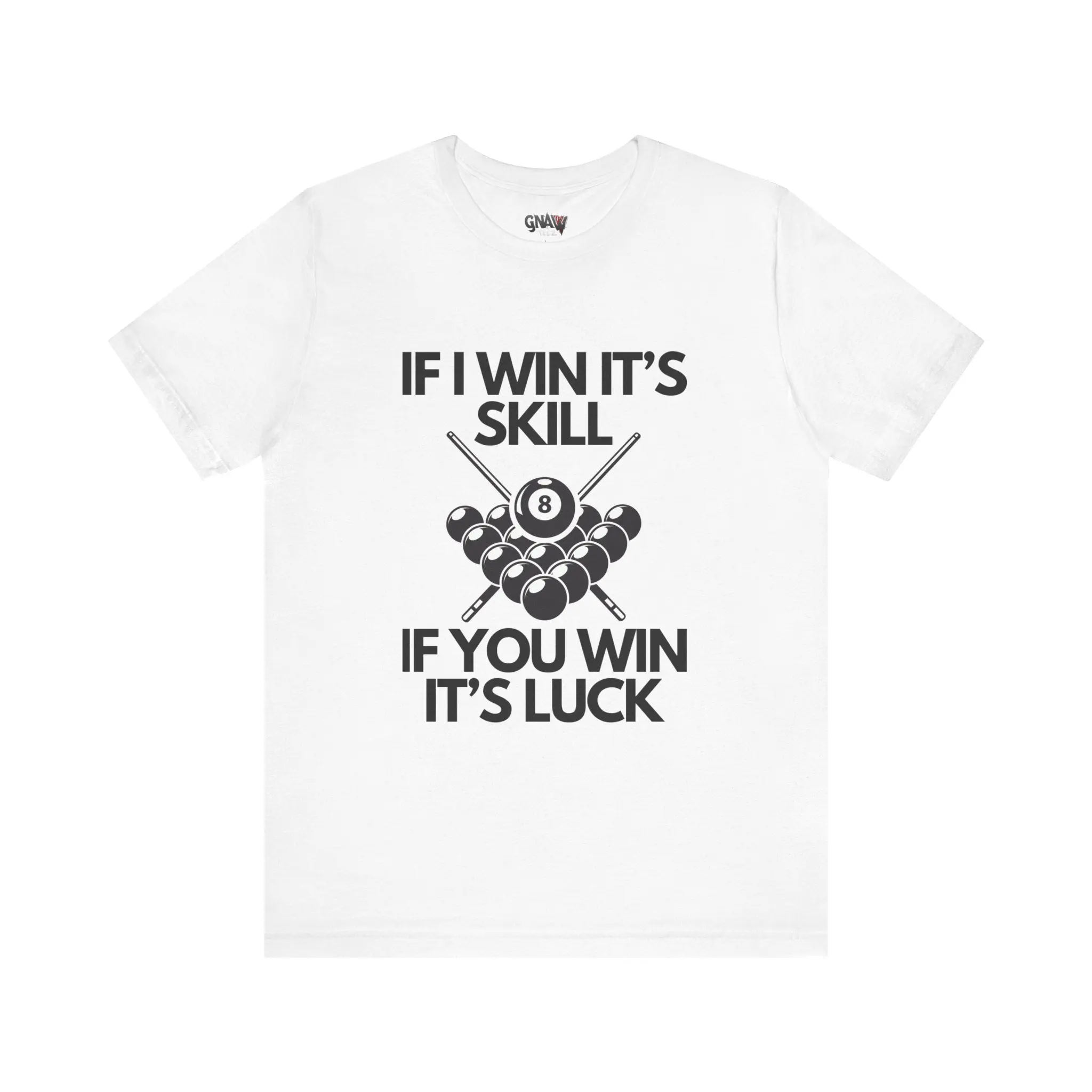 White T-shirt with billiards-themed text design.