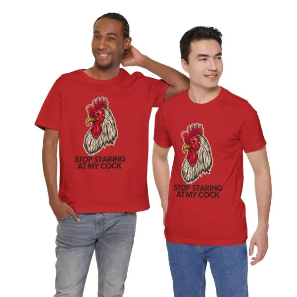 Two men wearing matching rooster T-shirts.