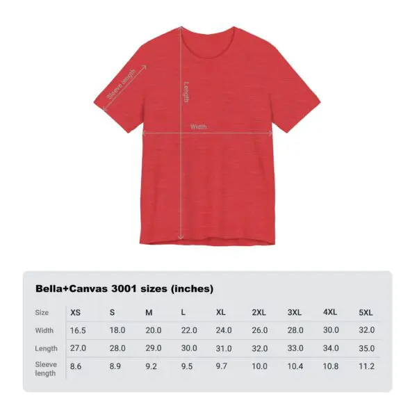 Red T-shirt with size chart in inches.