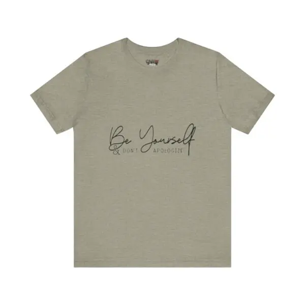 Gray t-shirt with "Be Yourself" text.