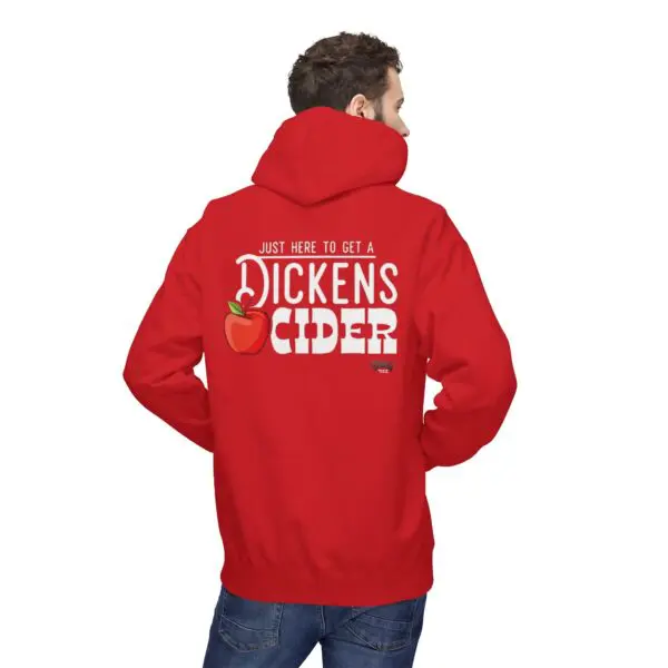 Red hoodie with cider-themed text design.