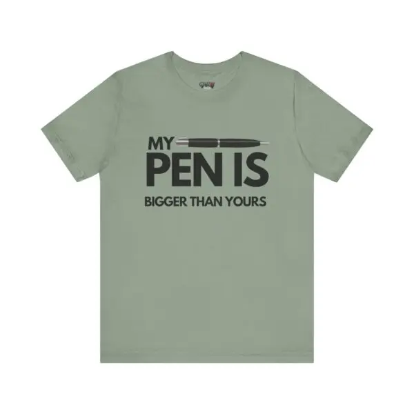 Green T-shirt with humorous pen graphic.
