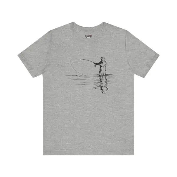 Gray t-shirt with fisherman line drawing.