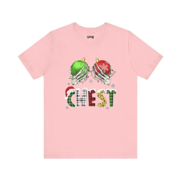 Pink t-shirt with festive "Chest" design.