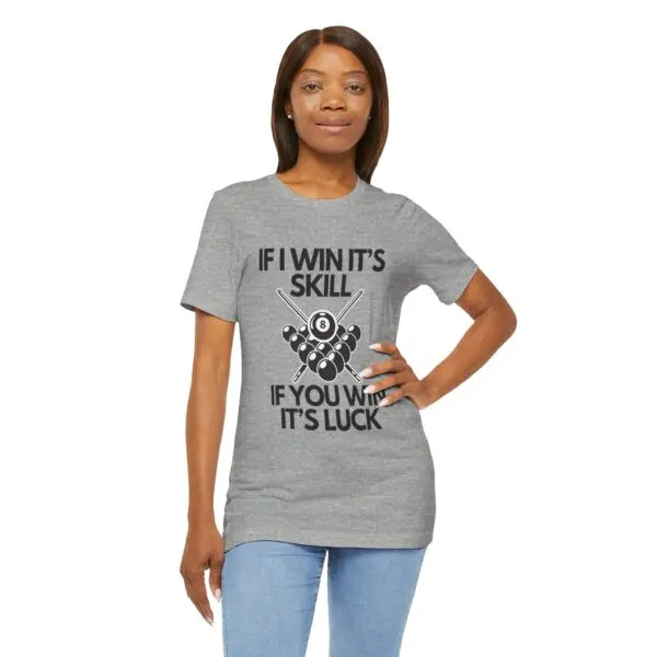 Woman wearing a humorous pool-themed t-shirt.