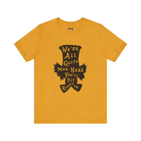 Yellow T-shirt with whimsical text design.