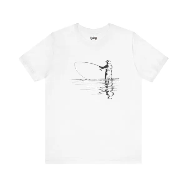T-shirt with fishing person illustration.