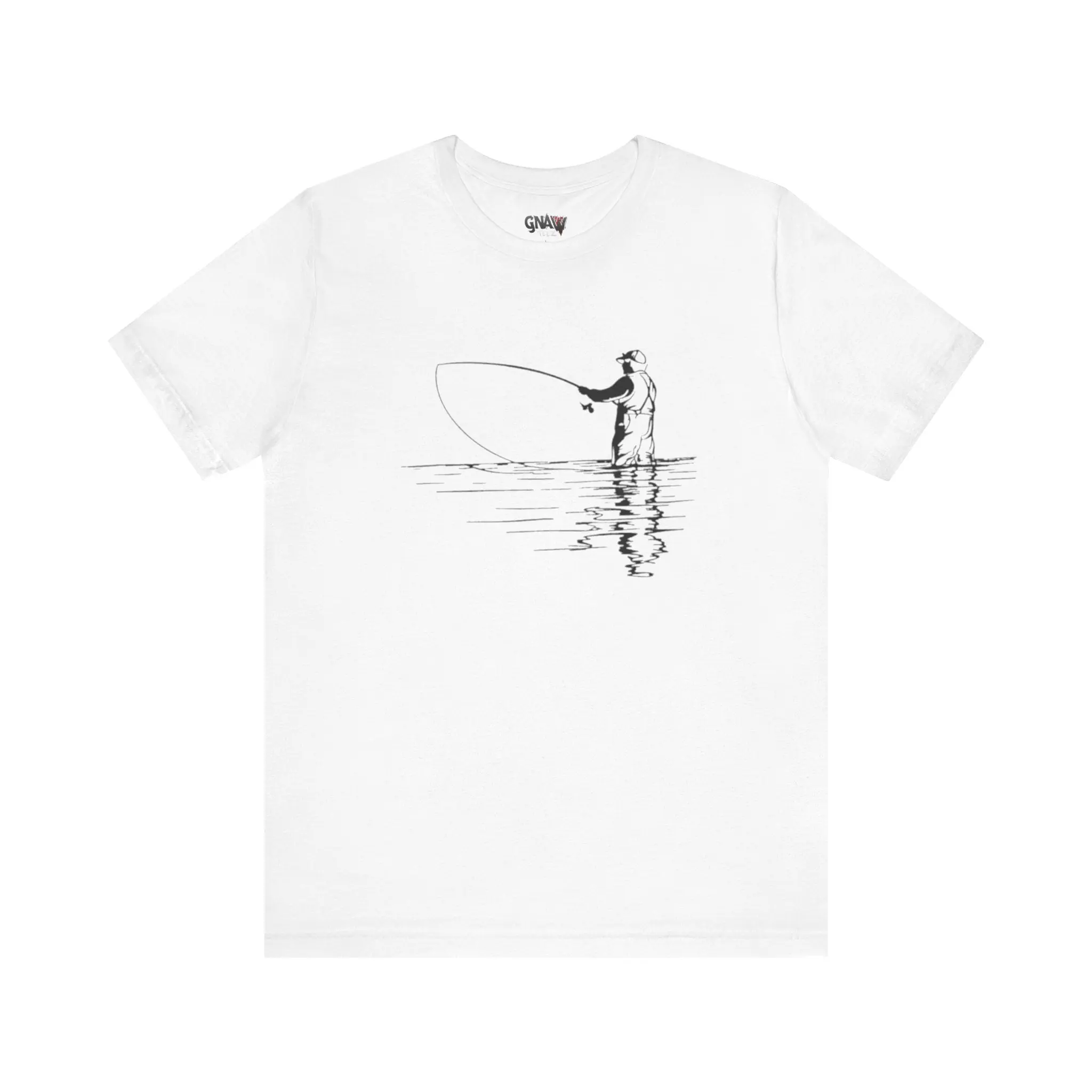T-shirt with fishing person illustration.