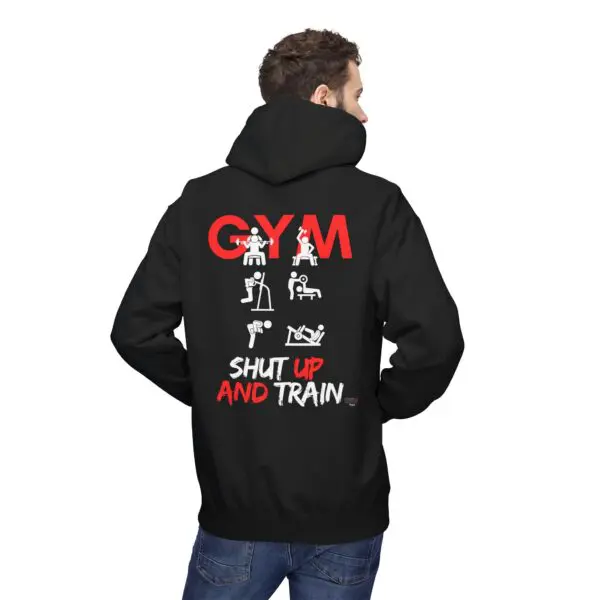 Man wearing hoodie with gym-themed illustration.