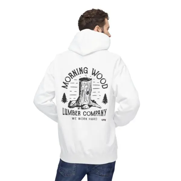 Man wearing hoodie with lumberjack-themed design.