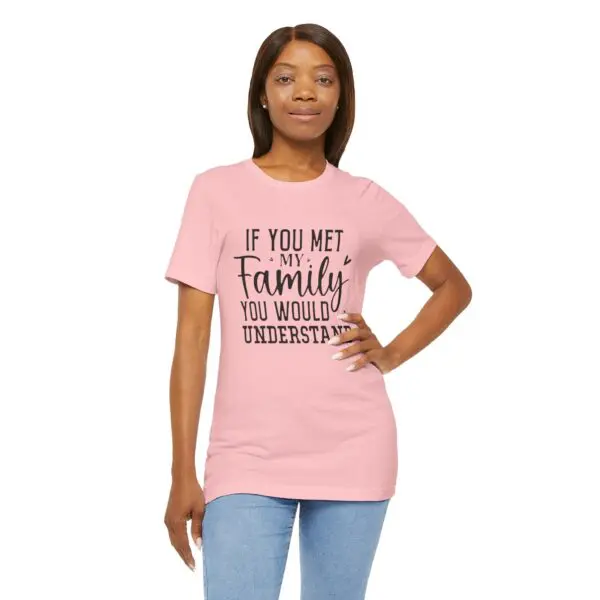 Woman in pink shirt with humorous text.