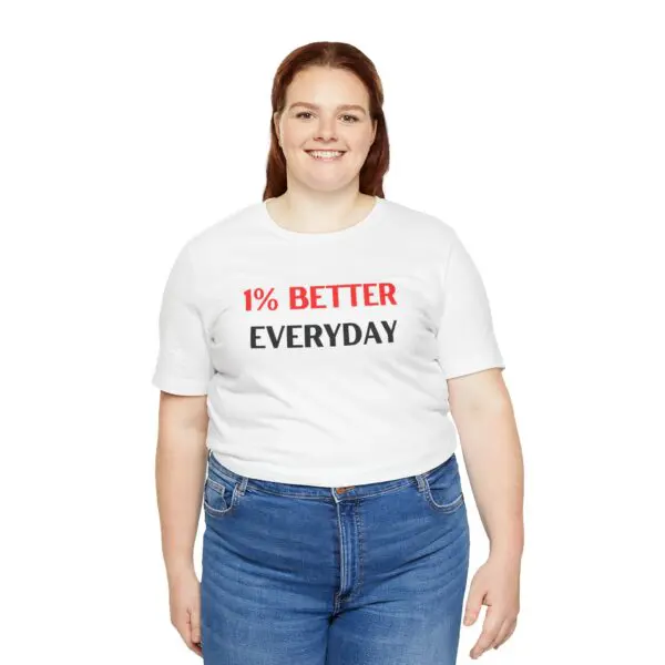 Woman in motivational t-shirt and jeans.