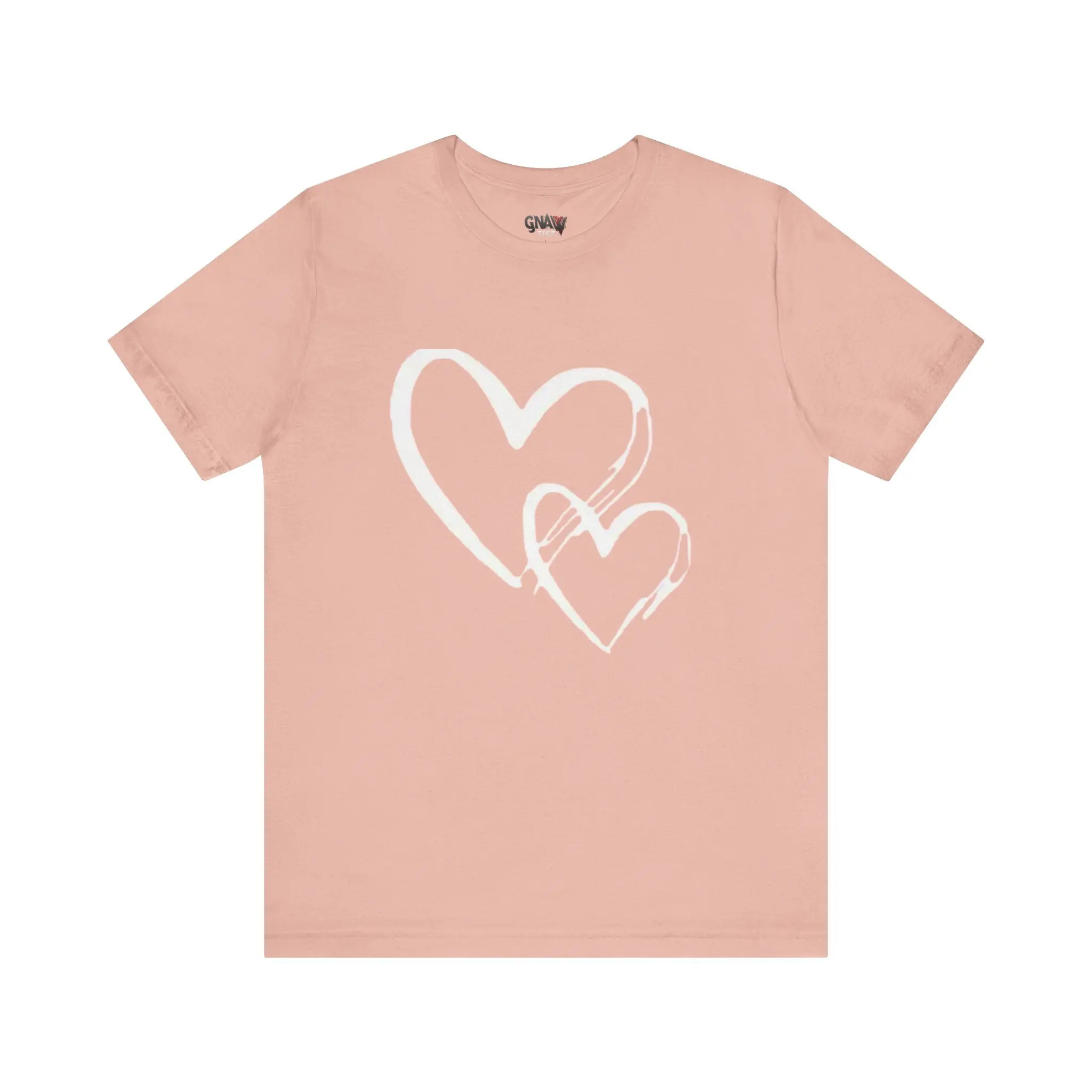 Pink t-shirt with white heart design.