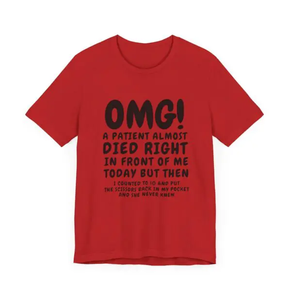 Red shirt with humorous medical text.
