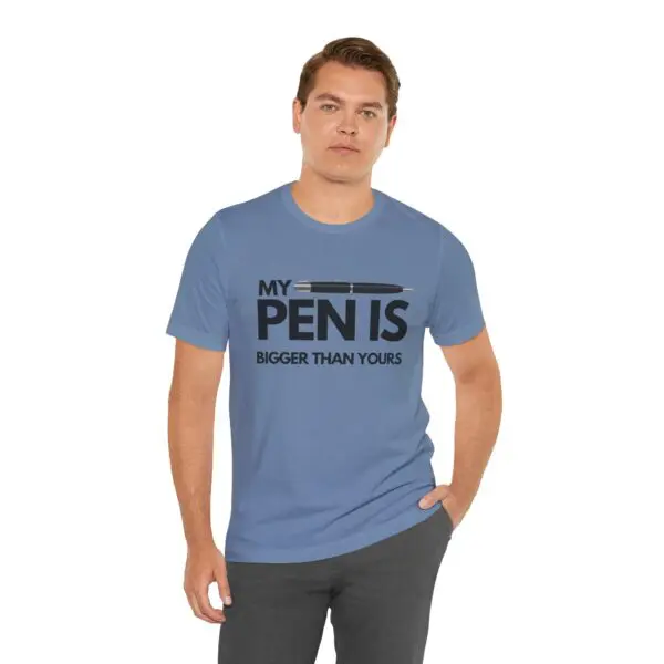 Man wearing humorous blue t-shirt.